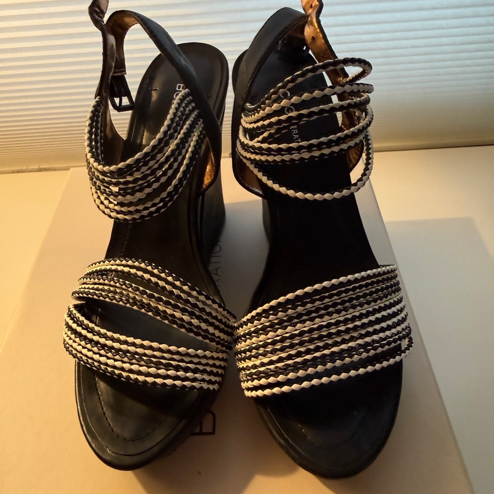 BCBGeneration Black and White Braided Wedge Sandals